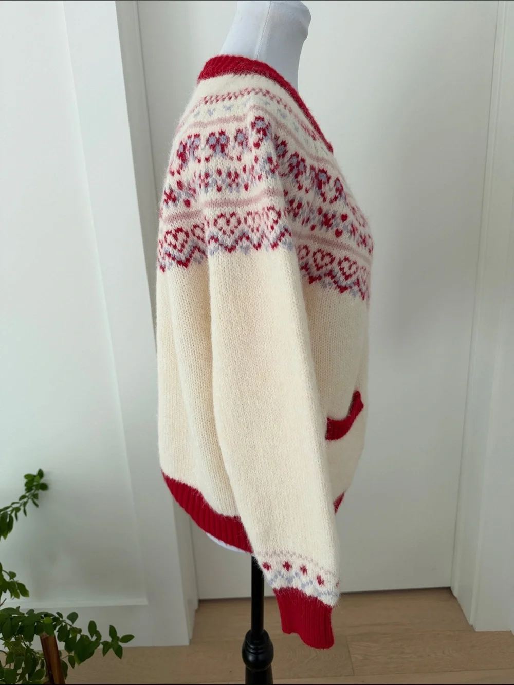 FAIR ISLE  Hearts Bows Cardigan Sweater Fuzzy Soft Cozy Pockets Nordic Soft Girl - Picture 6 of 17